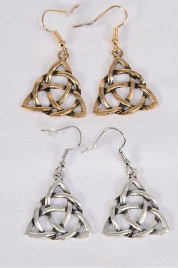 Earrings Trinity Celtic Knot Clipart Triangle / 12 pair = Dozen Fish Hook , Size-1.25"x 1" Wide , 6 Gold & 6 Silver Mix , Earring Card & OPP Bag & UPC Code