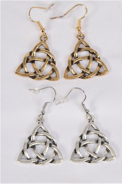 Earrings Trinity Celtic Knot Clipart Triangle / 12 pair = Dozen Fish Hook , Size-1.25"x 1" Wide , 6 Gold & 6 Silver Mix , Earring Card & OPP Bag & UPC Code