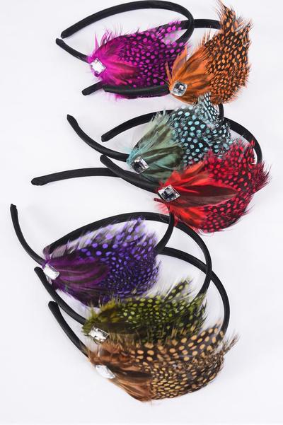Headband Horseshoe Feathers /  12 pcs = Dozen Color- 2 Fuchsia , 2 Blue , 2 Red , 2 Orange , 2 Brown , 1 Purple , 1 Olive Green Color Asst , Hang tag & UPC Code , Clear Box