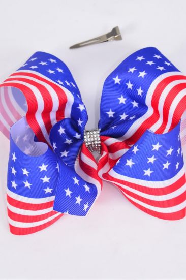 Hair Bow Jumbo Patriotic Flag Grosgrain Bow-tie / 12 pcs Bow = Dozen Alligator Clip , Size - 6" x 5" Wide , Clip Strip & UPC Code