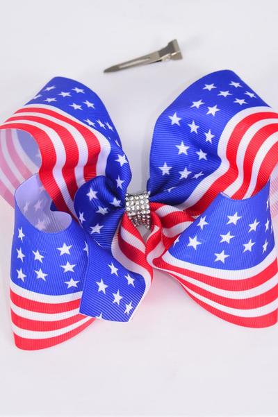 Hair Bow Jumbo Patriotic Flag Grosgrain Bow-tie / 12 pcs Bow = Dozen Alligator Clip , Size - 6" x 5" Wide , Clip Strip & UPC Code