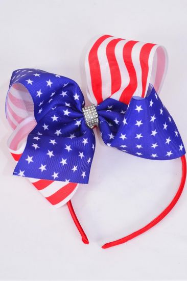 Headband Horseshoe Jumbo 4th of July  Patriotic-Flag Grosgrain Bow-tie/DZ Bow Size-6"x 5" Wide,Headband Color-4 Red,4 White,4 Royal Blue Asst,Hang Tag & OPP Bag