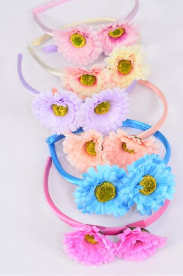Headband Horseshoe Flowers Pastel / 12 pcs  = Dozen  Pastel , 2 Hot Pink , 2 Blue , 2 baby Pink , 2 Peach , 2 Lavender , 2 Beige Colour Asst , Hang tag & UPC Code , Clear Box