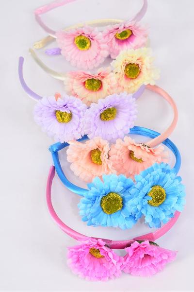 Headband Horseshoe Flowers Pastel / 12 pcs  = Dozen  Pastel , 2 Hot Pink , 2 Blue , 2 baby Pink , 2 Peach , 2 Lavender , 2 Beige Colour Asst , Hang tag & UPC Code , Clear Box
