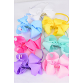 Headband Horseshoe Tiara Double Layered Grosgrain Bow-tie Pastel/DZ **Pastel** Bow Size-6"x 6" Wide,2 White,2 Pink,2 Yellow,2 Lavender,2 Blue,1 Hot Pink,1 Mint Green,7 Color Mix,Display Card & UPC Code,Clear Box