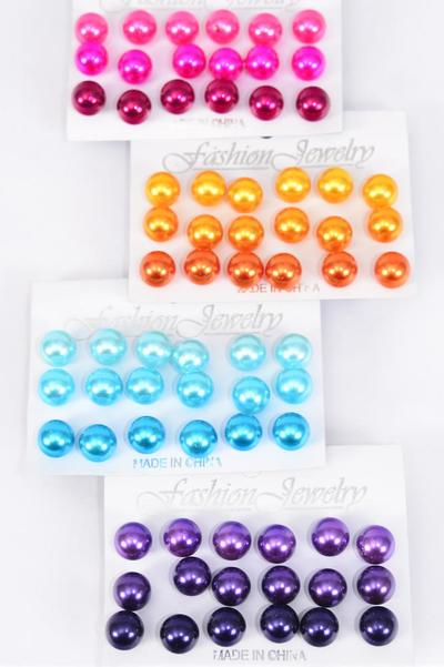 Earrings 9 pair 12 mm ABS Pearl Mix Multi / 12 card = Dozen Post , Pearp , Size - 12 mm , 3 of each Color Mix , Earring Card & OPP Bag & UPC Code , 12 card = Dozen