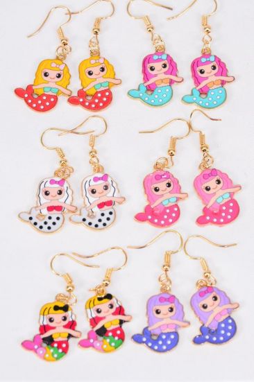 Earrings Mermaid Enamel Color Asst Multi / 12 pair = Dozen match 25018 20483 Fish Hook , 2 Of each Pattern Asst , Earring Card & OPP Bag & UPC Code