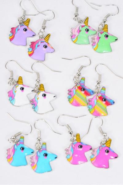 Earrings Unicorn Enamel Color Asst / 12 pair = Dozen Fish Hook , 2 Of each Pattern Asst , Earring Card & OPP Bag & UPC Code