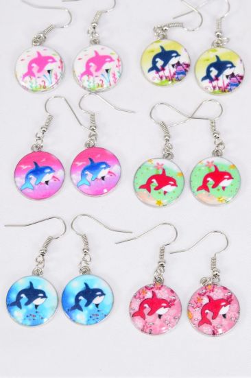 Earrings Cute Whale Under the Sea Enamel Color Asst / 12 pair = Dozen Fish Hook , 2 Of each Pattern Asst , Earring Card & OPP Bag & UPC Code