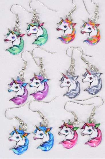 Earrings Unicorn Enamel Color Asst / 12 pair = Dozen match 25016 25119 Fish Hook , 2 Of each Pattern Asst , Earring Card & OPP Bag & UPC Code