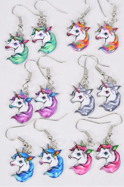 Earrings Unicorn Enamel Color Asst / 12 pair = Dozen match 25119  Fish Hook , 2 Of each Color Asst , Earring Card & OPP Bag & UPC Code