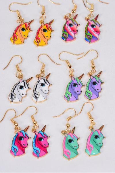 Earrings Unicorn Enamel Color Asst / 12 pair = Dozen  match 25753 27678 Multi , Fish Hook , 2 Of each Pattern Asst , Earring Card & OPP Bag & UPC Code