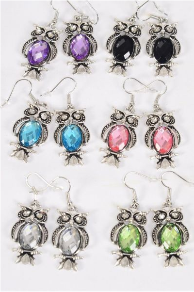 Earrings Metal Antique Silver Owl Acrylic Diamond Cut Stones Multi / 12 pair = Dozen match 70128 Fish Hook , Owl Size -1.25" x 0.75" Wide , 2 of each Color Asst , Earring Card & OPP Bag & UPC Code
