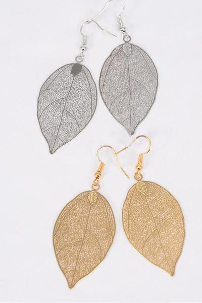 Earrings Laser Cut Stainless Steel Leaf / 12 pair = Dozen Fish Hook , Size - 2" x 1" Wide , 6 Silver , 6 Gold Mix , Earring Card & OPP bag & UPC Code