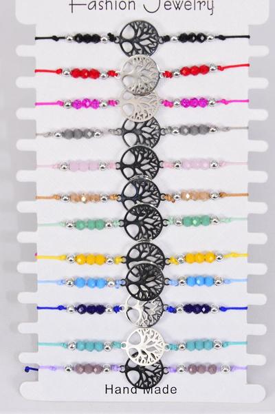 Bracelet Tree Of Life Multi / 12 pcs = Dozen Adjustable , 12 Color Mix , Hang tag & OPP Bag & UPC Code , 1 Dozen per Card