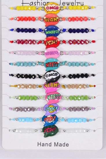 Bracelet Enamel Chat Phrase Abbreviations Glass Crystals / 12 pcs = Dozen Pull-String , Adjustable , 12 of Abbreviations & Color Mix , Hang tag & OPP Bag & UPC Code,1 Dozen per Card