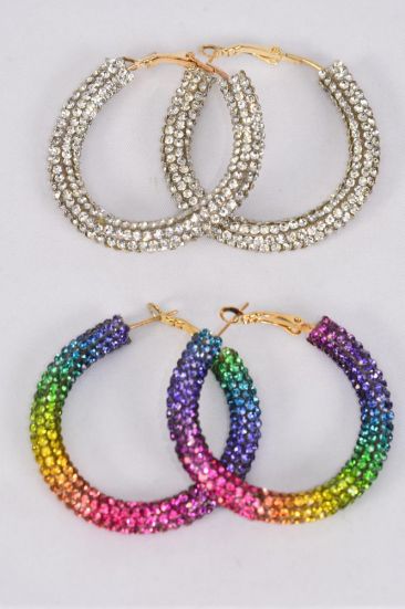 Earrings Hoop Iridescent Clear Gradient Rainbow Color Stone Mix / 12 pair = Dozen Post , Size - 1.75" Wide , 6 Clear , 6 Rainbow Color Asst , Earring Card & OPP Bag & UPC Code