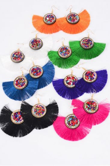 Earrings Fringe Tassels Multi / 12 pair = Dozen Fish Hook , Size - 3" x 2.25" Wide , 2 Bk , 2 Fuchsia , 2 Teal Blue , 2 White , 2 Purple , 1 Orange , 1 Green Asst , Earring Card & OPP Bag & UPC Code