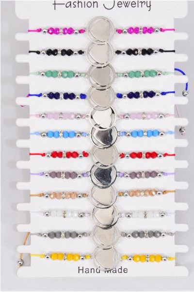 Bracelet Stainless Steel Heart Multi / 12 pcs = Dozen  Pull-String , Adjustable , 12 Color Mix  , Hang tag & OPP Bag & UPC Code , 1 Dozen per Card