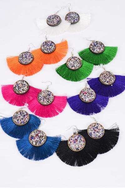 Earrings Fringe Tassels Multi / 12 pair = Dozen Fish Hook , Size - 3" x 2.25" Wide , 2 Bk , 2 Fuchsia , 2 Teal Blue , 2 White , 2 Purple , 1 Orange , 1 Green Asst , Earring Card & OPP Bag & UPC Code