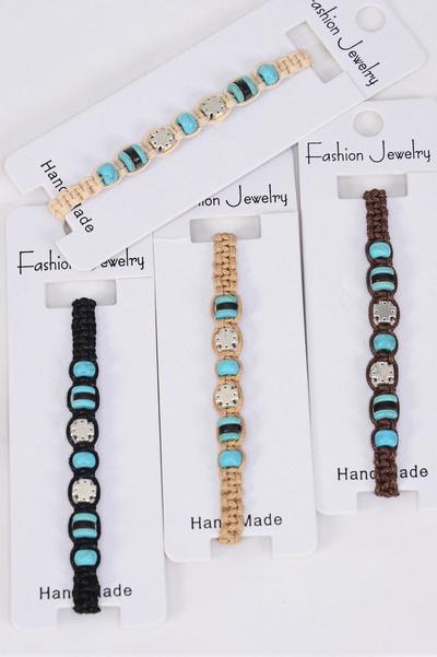 Bracelet Cross Semiprecious Stone & Cocount Shell Mix / 12 pcs = Dozen  Pull-String , Adjustable , 3 Of each Color Asst , Individual Hang Tag & OPP Bag & UPC Code