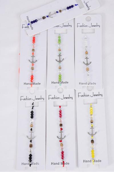 Bracelet Nautical Anchor Stainless Steel Multi / 12 pcs = Dozen Pull-String , Adjustable , 2 White ,2 Black ,2 Red ,2 navy ,1 Yellow ,1 Purple ,1 Lime Green ,1 Orange Mix ,Individual Hang tag & OPP Bag & UPC Code