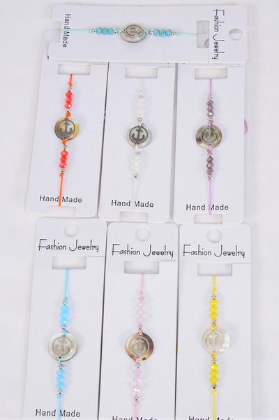 Bracelet Stainless Steel Nautical Anchor On Seashell Glass Crystal Asst Multi / 12 pcs = Dozen Pull-String , Adjustable ,2 White ,2 Pink ,2 Purple ,2 Blue ,2 Yellow ,1 Mint Green ,1 Orange Mix ,Individual Hang tag & OPP Bag & UPC Code