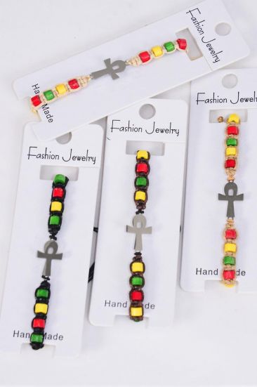 Bracelet Stainless Steel Ankh Rasta Wooden Beads Mix / 12 pcs = Dozen Pull-String , Adjustable , 3 Of Each Color Asst , Individual Hang tag & OPP Bag & UPC Code