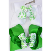 Hair Bow Jumbo Double Layered Bow Shamrock Grosgrain Bow-tie/DZ **Alligator Clip** Size-6&quot;x 6&quot; Wide,6 of each Pattern Asst,Clip Strip &amp; UPC Code