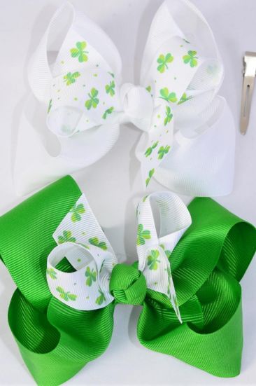 Hair Bow Jumbo Double Layered  Shamrock Grosgrain Bow-tie / 12 pcs Bow = Dozen Alligator Clip , Size - 6" x 5" Wide , 6 of each Pattern Asst , Clip Strip & UPC Code