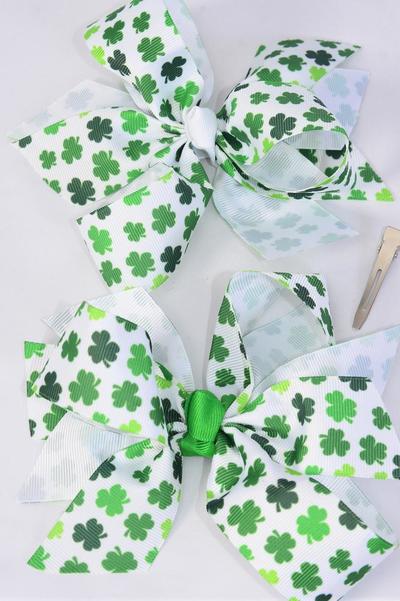 Hair Bow Jumbo Shamrock Grosgrain Bow-tie / 12 pcs Bow = Dozen Alligator Clip , Size - 6" x 5" Wide , 6 of each Pattern Asst , Clip Strip and UPC Code