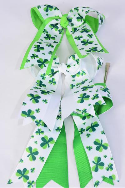 Hair Bow Jumbo Long Tail Double Layered Shamrock Grosgrain Bow-tie / 12 pcs Bow = Dozen Alligator Clip , Size - 6.5" x 6" Wide , 4 of each Pattern Asst , Clip Strip & UPC Code
