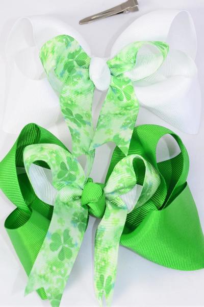 Hair Bow Jumbo Double Layered Shamrock Grosgrain Bow-tie / 12 pcs Bow = Dozen Alligator Clip , Size-6"x 6" Wide , 6 of each Color Asst , Clip Strip & UPC Code