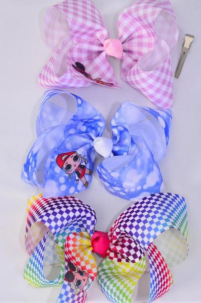 Hair Bow Jumbo Plaid LOL Doll Pattern Asst / 12 pcs Bow = Dozen Alligator Clip , Size - 6" x 5" Wide , 4 of each Pattern Asst , Clip Strip & UPC Code