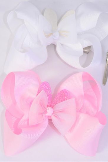 Hair Bow Jumbo Double Layered Bunny Ears Grosgrain Bow-tie / 12 pcs Bow = Dozen Alligator Clip , Size - 6" x 5", 6 White , 6 Pink Color Asst , Clip Strip and UPC Code