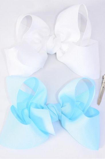 Hair Bow Jumbo Light Blue & White Mix Grosgrain Bow-tie / 12 pcs Bow = Dozen Light Blue & White Mix , Size-6"x 5" Wide , Alligator Clip , 6 of each Pattern Asst , Clip Strip & UPC Code