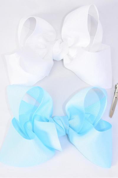 Hair Bow Jumbo Baby Blue White Mix Grosgrain Bow-tie / 12 pcs Bow = Dozen  Alligator Clip ,  Size - 6" x 5" Wide , 6 Baby Blue , 6 White Color Mix  , Color Asst , Clip Strip & UPC Code