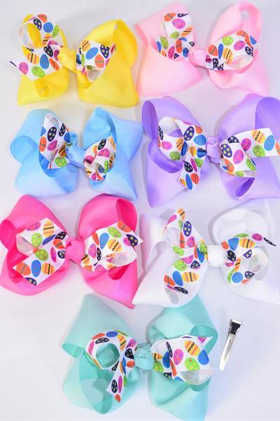 Hair Bow Jumbo Double Layered Colorfull Easter Eggs Grosgrain Bow-tie Pastel / 12 pcs Bow = Dozen Alligator Clip , Bow - 6" x 5" Wide , 2 White , 2 Baby Pink , 1 Yellow , 1 Blue , 2 Lavender , 2 Hot Pink , 2 Mint Green , Clip Strip & UPC Code