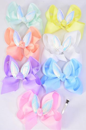 Hair Bow Jumbo Easter Iridescent Bunny Ears Grosgrain Bow-tie Pastel / 12 pcs Bow = Dozen Alligator Clip , Size - 6" x 5" , 2 White , 2 Baby Pink , 2 Lavender , 2 Blue , 2 Yellow , 1 Peach , 1 Mint Green Asst, Clip Strip & UPC Cod