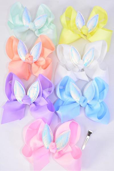 Hair Bow Jumbo Easter Iridescent Bunny Ears Grosgrain Bow-tie Pastel / 12 pcs Bow = Dozen Alligator Clip , Size - 6" x 5" , 2 White , 2 Baby Pink , 2 Lavender , 2 Blue , 2 Yellow , 1 Peach , 1 Mint Green Asst, Clip Strip & UPC Cod