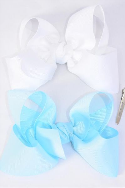 Hair Bow Jumbo Baby Blue & White Mix Grosgrain Bow-tie / 12 pcs Bow = Dozen Baby Blue & White Mix  , Size-6"x 5" Wide , Alligator Clip ,6 of each Color Asst , Clip Strip & UPC Code
