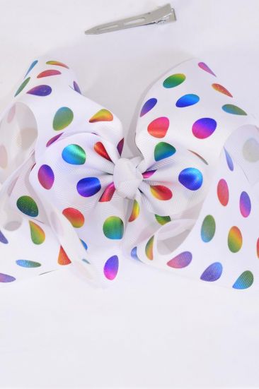 Hair Bow Jumbo Metallic Holographic Polka dots Grosgrain Bow-tie / 12 pcs Bow = Dozen Alligator Clip , Size - 6" x 5" Wide , 6 of each Pattern Asst , Clip Strip & UPC Code