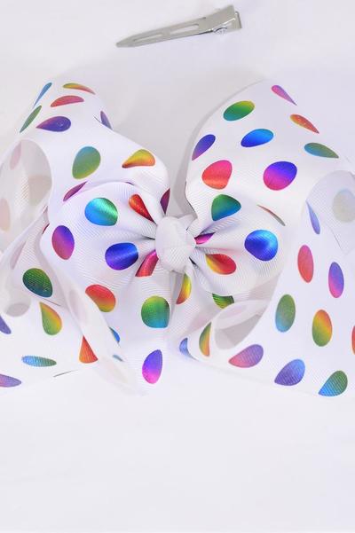 Hair Bow Jumbo Metallic Holographic Polka dots Grosgrain Bow-tie / 12 pcs Bow = Dozen Alligator Clip , Size - 6" x 5" Wide , 6 of each Pattern Asst , Clip Strip & UPC Code