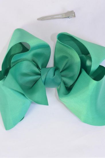 Hair Bow Extra Jumbo Cheer Type Bow Caribbean Green Grosgrain Bow-tie / 12 pcs Bow = Dozen  Alligator Clip , Size - 8" x 7" Wide , Clip Strip & UPC Code