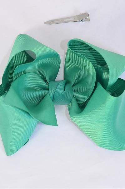 Hair Bow Extra Jumbo Cheer Type Bow Caribbean Green Grosgrain Bow-tie / 12 pcs Bow = Dozen  Alligator Clip , Size - 8" x 7" Wide , Clip Strip & UPC Code