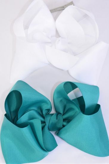 Hair Bow Extra Jumbo Cheer Type Bow Jade Green  & White Mix Grosgrain Bow-tie / 12 pcs Bow = Dozen Alligator Clip , Size-8"x 7" Wide , 6 Jade Green , 6 White Color Asst , Clip Strip & UPC Code