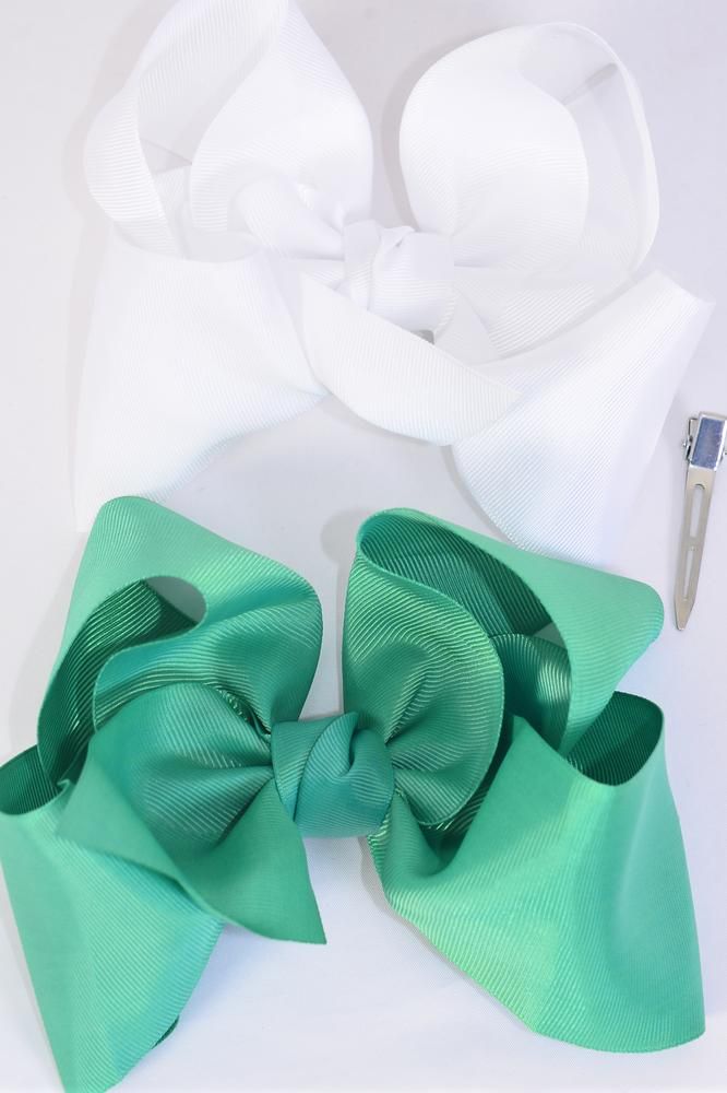 Hair Bow Extra Jumbo Cheer Type Bow Caribbean Green & White Mix