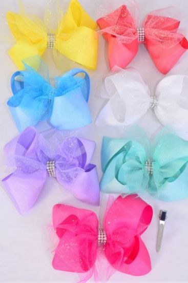 Hair Bow Jumbo Double Layered Mesh Grosgrain Bow-tie Pastel / 12 pcs Bow = Dozen Alligator Clip , Size-6" x 5 ,  2 White , 2 Baby Pink , 2 Lavender , 2 Hot Pink , 2 Mint Green , 1 Blue , 1 Yellow Color Asst , Clip Strip & UPC Code