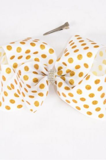 Hair Bow Cheer Type Bow Metallic Gold Polka-dots Center Clear Stones Grosgrain Bow-tie/DZ Alligator Clip , Bow Size - 3" x 2" Wide , 6 Mint Green , 6 Aqua Color Asst , 4 pcs per card,12 card = Dozen