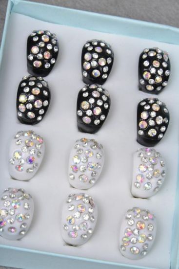 Rings Acrylic Dome Rhinestones Black White Color Asst / 12 pcs = Dozen Size - 7 8 9 Pr Size Mix , 6 Black , 6 White Color Asst , Ring Display Box & OPP Bag & UPC Code